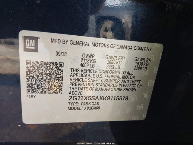 2019 Chevrolet Impala Ls მანქანა იყიდება აუქციონზე, vin: 2G11X5SAXK9115578, აუქციონის ნომერი: 45708807