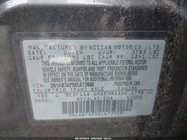 3N1AB7AP5EL673950 Nissan Sentra Fe+ S/fe+ Sv/s/sl/sr/sv