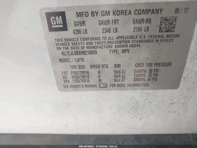 Продаж на аукціоні авто 2017 Chevrolet Trax Lt, vin: KL7CJLSBXHB218809, номер лоту: 45708822