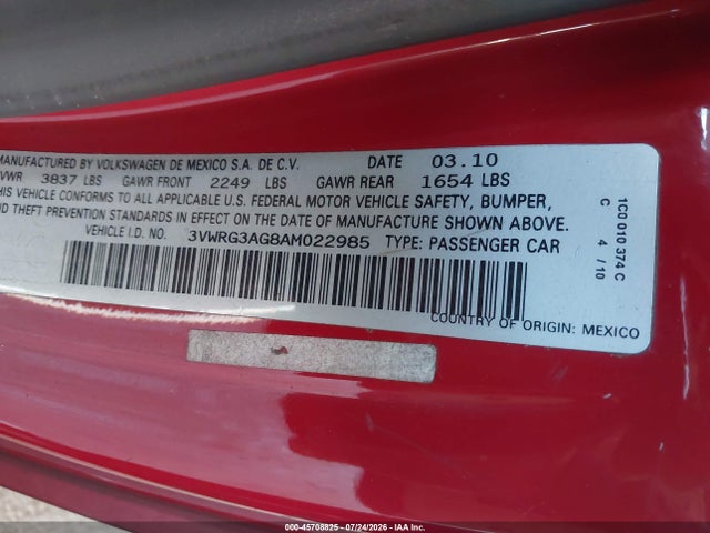 45708825 :رقم المزاد ، 3VWRG3AG8AM022985 vin ، 2010 Volkswagen New Beetle 2.5l مزاد بيع