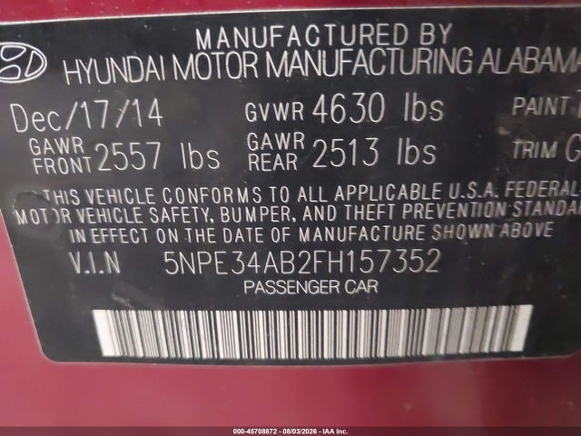 2015 Hyundai Sonata Sport 2.0t მანქანა იყიდება აუქციონზე, vin: 5NPE34AB2FH157352, აუქციონის ნომერი: 45708872