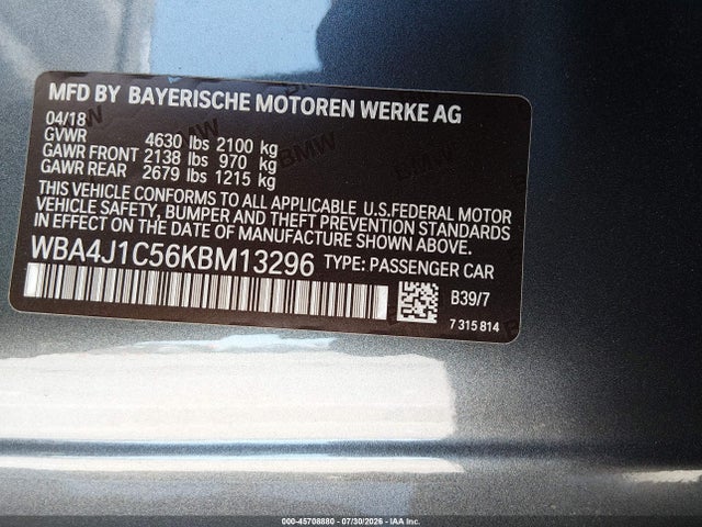 2019 Bmw 430i Gran Coupe მანქანა იყიდება აუქციონზე, vin: WBA4J1C56KBM13296, აუქციონის ნომერი: 45708880
