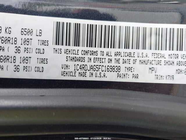 2015 Dodge Durango Sxt მანქანა იყიდება აუქციონზე, vin: 1C4RDJAG5FC169838, აუქციონის ნომერი: 45708883
