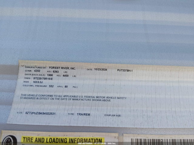 45708884 :رقم المزاد ، 5ZT2PUZB4S4022531 vin ، 2025 Forest River Palomino Puma 337bh Travel Trailer مزاد بيع
