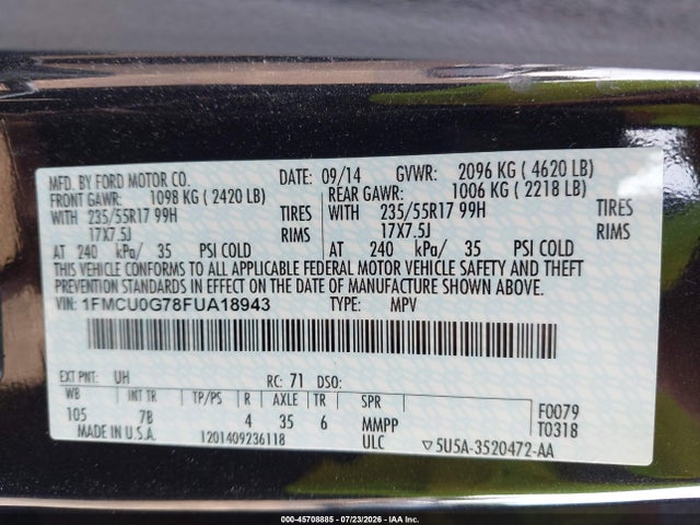 Aukcja sprzedaży 2015 Ford Escape Se, vin: 1FMCU0G78FUA18943, numer aukcji: 45708885