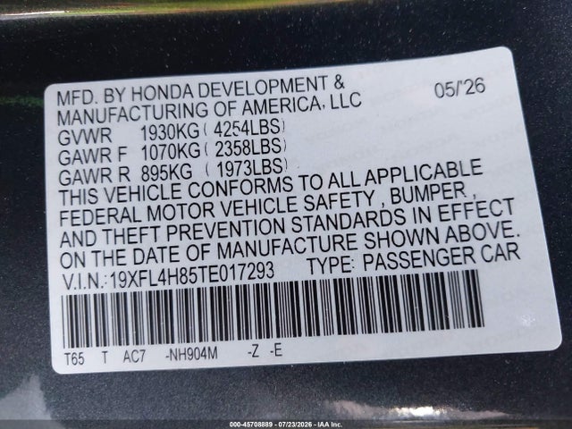 19XFL4H85TE017293 Honda Civic Hybrid Sport