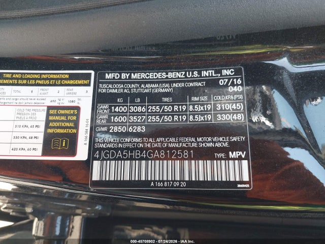 45708902 :رقم المزاد ، 4JGDA5HB4GA812581 vin ، 2016 Mercedes-benz Gle 350 4matic مزاد بيع
