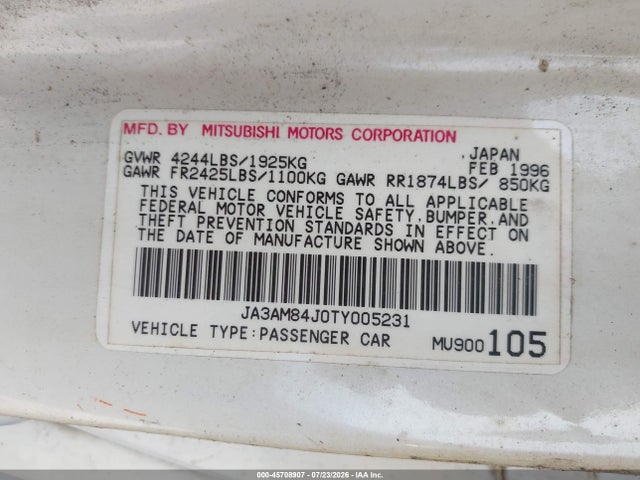 45708907 :رقم المزاد ، JA3AM84J0TY005231 vin ، 1996 Mitsubishi 3000 Gt مزاد بيع