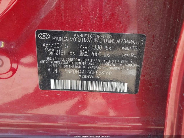Продаж на аукціоні авто 2016 Hyundai Elantra Se, vin: 5NPDH4AE6GH688160, номер лоту: 45708909