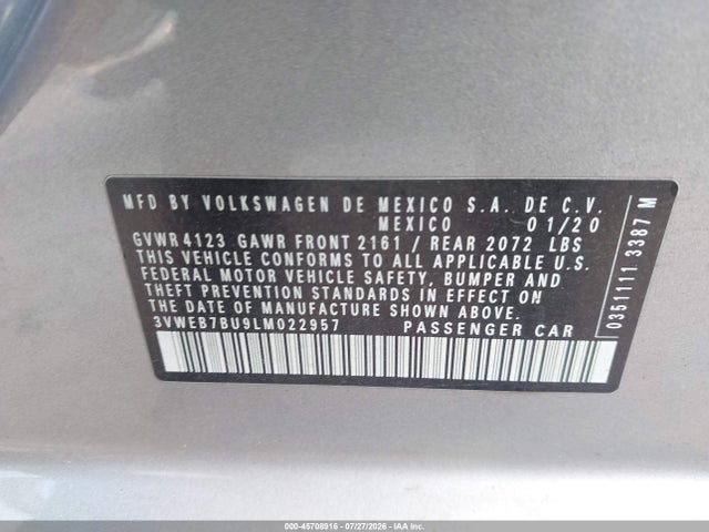 Продажа на аукционе авто 2020 Volkswagen Jetta 1.4t Sel, vin: 3VWEB7BU9LM022957, номер лота: 45708916