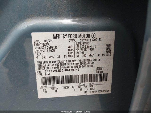 Продаж на аукціоні авто 2022 Ford Maverick Xlt, vin: 3FTTW8E35NRA79749, номер лоту: 45708917