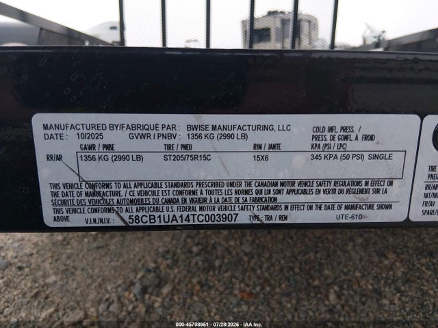 Aukcja sprzedaży 2026 Bws Manufacturing Other, vin: 58CB1UA14TC003907, numer aukcji: 45708951