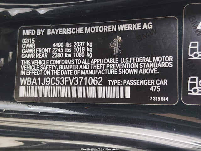 45708952 :رقم المزاد ، WBA1J9C53FV371062 vin ، 2015 Bmw M235 Xdrive مزاد بيع