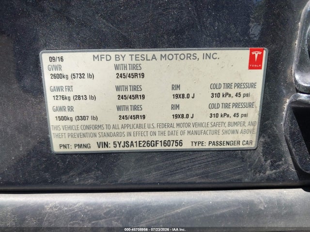Продажа на аукционе авто 2016 Tesla Model S 60d/70d/75d/85d/90d, vin: 5YJSA1E26GF160756, номер лота: 45708956