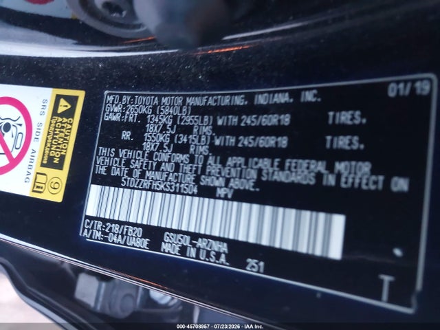 5TDZZRFH5KS311504 Toyota Highlander Le