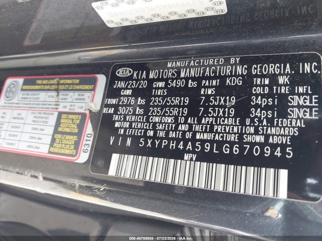 Продаж на аукціоні авто 2020 Kia Sorento 3.3l Ex, vin: 5XYPH4A59LG670945, номер лоту: 45708958