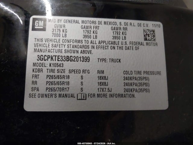 45708965 :رقم المزاد ، 3GCPKTE33BG201399 vin ، 2011 Chevrolet Silverado 1500 Ltz مزاد بيع