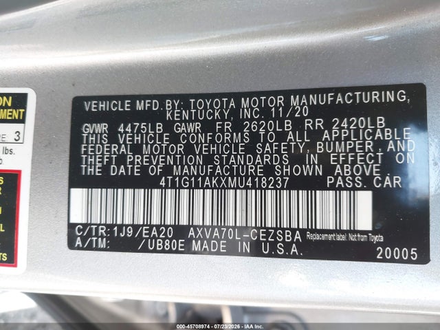 4T1G11AKXMU418237 Toyota CAMRY SE