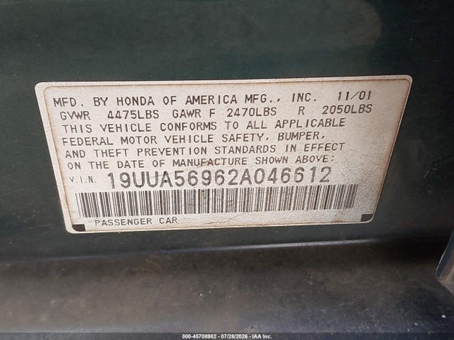 45708982 :رقم المزاد ، 19UUA56962A046612 vin ، 2002 Acura Tl 3.2 Type S مزاد بيع