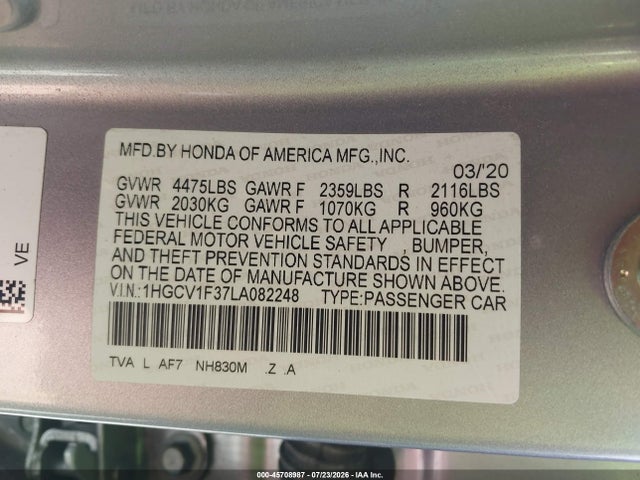 1HGCV1F37LA082248 Honda Accord Sport