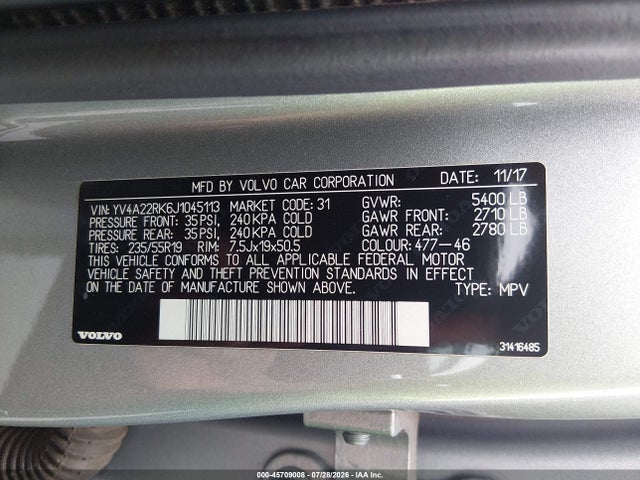 Продаж на аукціоні авто 2018 Volvo Xc60 T6 Momentum, vin: YV4A22RK6J1045113, номер лоту: 45709008