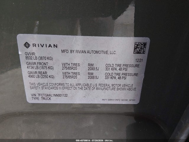 Rivian R1t Launch Edition 2022 7FCTGAAL1NN001122 Image 9