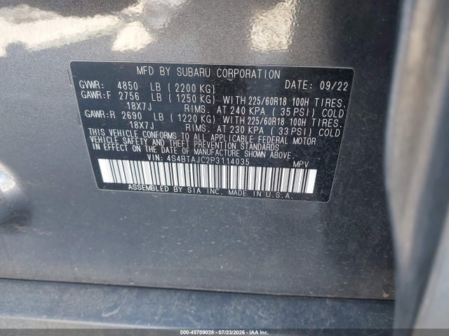 45709028 :رقم المزاد ، 4S4BTAJC2P3114035 vin ، 2023 Subaru Outback Onyx Edition مزاد بيع