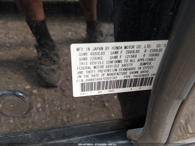 45709032 :رقم المزاد ، JH4KB16697C003782 vin ، 2007 Acura Rl 3.5 مزاد بيع