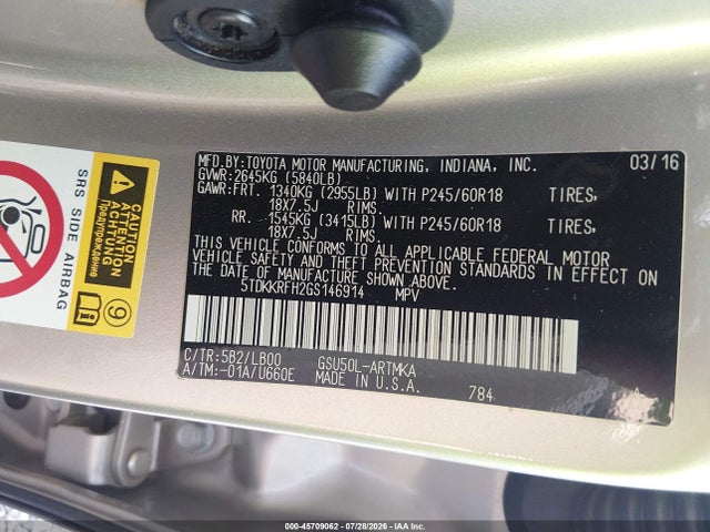 2016 Toyota Highlander Xle V6 მანქანა იყიდება აუქციონზე, vin: 5TDKKRFH2GS146914, აუქციონის ნომერი: 45709062
