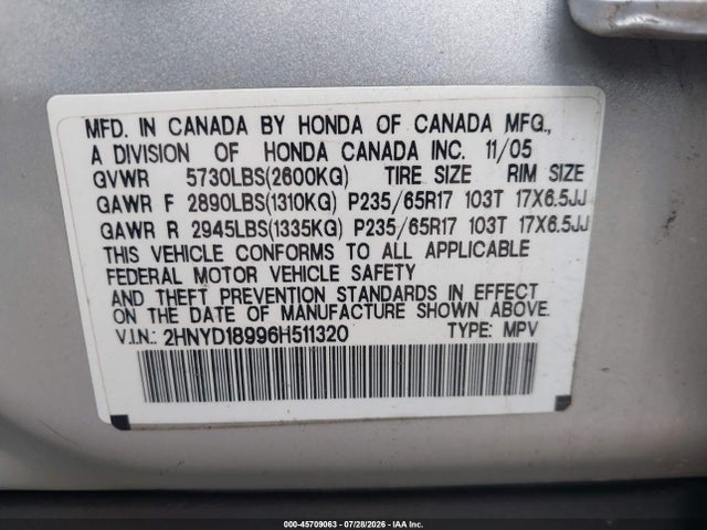 Продаж на аукціоні авто 2006 Acura Mdx, vin: 2HNYD18996H511320, номер лоту: 45709063