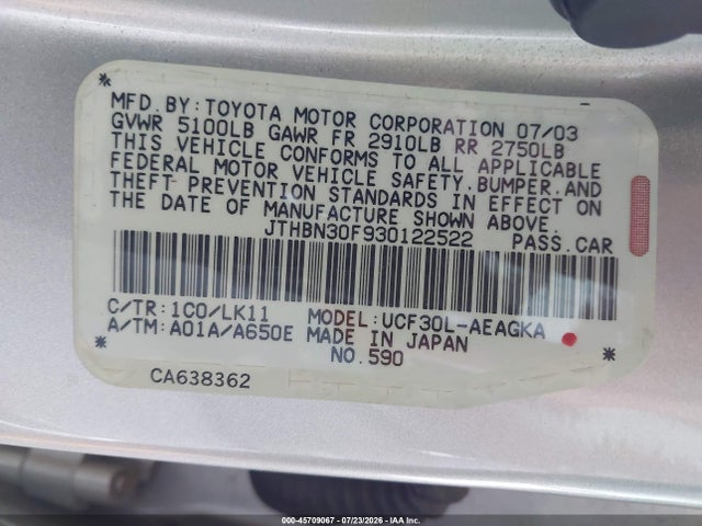 45709067 :رقم المزاد ، JTHBN30F930122522 vin ، 2003 Lexus Ls 430 مزاد بيع