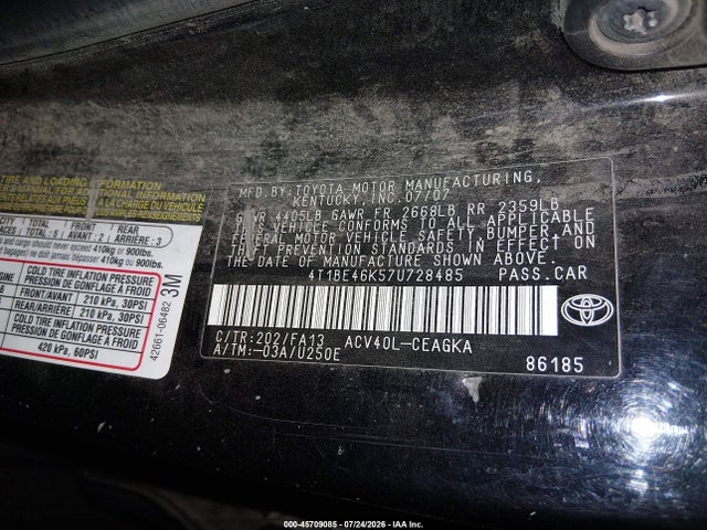 Продаж на аукціоні авто 2007 Toyota Camry Xle, vin: 4T1BE46K57U728485, номер лоту: 45709085
