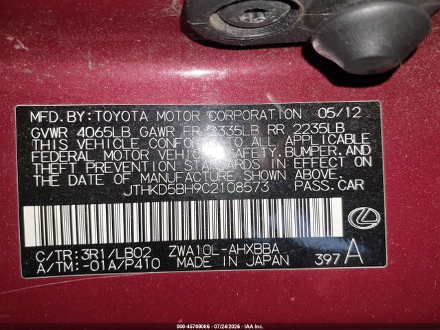 45709086 :رقم المزاد ، JTHKD5BH9C2108573 vin ، 2012 Lexus Ct 200h Premium مزاد بيع