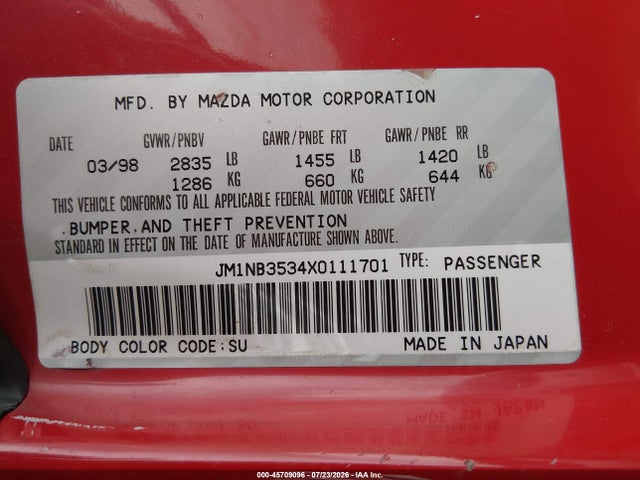 Продаж на аукціоні авто 1999 Mazda Mx-5 Miata 10th Anniversary Edition/leather/popular Equip/sport/touring, vin: JM1NB3534X0111701, номер лоту: 45709096