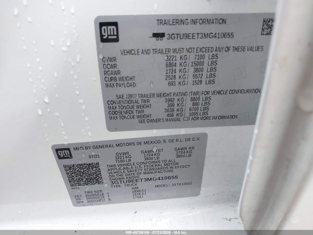 Aukcja sprzedaży 2021 Gmc Sierra 1500, vin: 3GTU9EET3MG410655, numer aukcji: 45709106