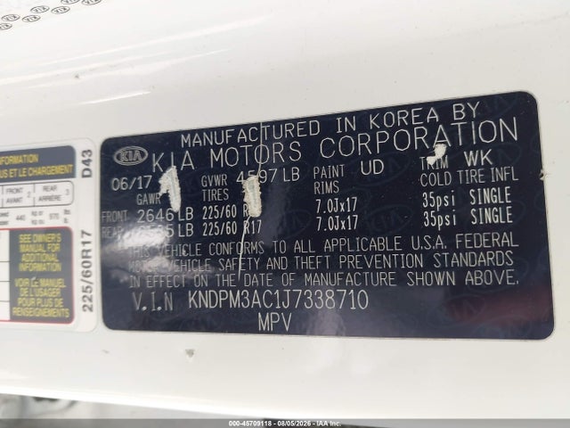 Продаж на аукціоні авто 2018 Kia Sportage Lx, vin: KNDPM3AC1J7338710, номер лоту: 45709118