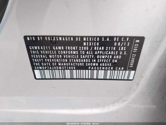 45709139 :رقم المزاد ، 3VWDP7AJ9DM371669 vin ، 2013 Volkswagen Jetta 2.5l Se مزاد بيع