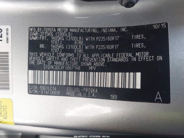5TDYK3DCXFS667148 Toyota Sienna Xle Premium 8 Passenger