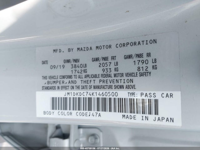 45709156 :رقم المزاد ، JM1DKDC74K1460500 vin ، 2019 Mazda Cx-3 Touring مزاد بيع