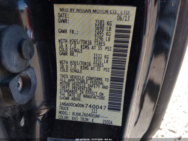 45709196 :رقم المزاد ، 1N6AD0CW0DN740047 vin ، 2013 Nissan Frontier Sv مزاد بيع