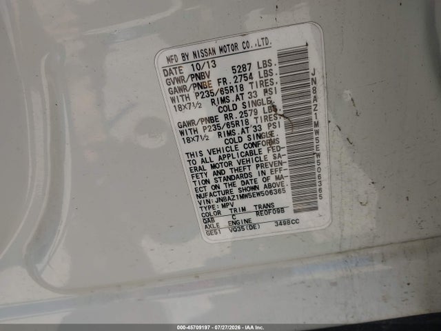 Auction sale of the 2014 Nissan Murano Sl, vin: JN8AZ1MW5EW506365, lot number: 45709197