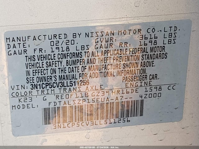 Продаж на аукціоні авто 2020 Nissan Kicks Sv Xtronic Cvt, vin: 3N1CP5CV3LL511256, номер лоту: 45709199