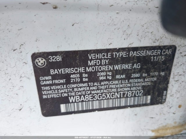 2016 Bmw 328i Xdrive მანქანა იყიდება აუქციონზე, vin: WBA8E3G5XGNT78702, აუქციონის ნომერი: 45709207