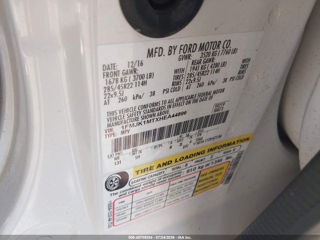 45709284 :رقم المزاد ، 1FMJK1MTXHEA44896 vin ، 2017 Ford Expedition El Platinum مزاد بيع