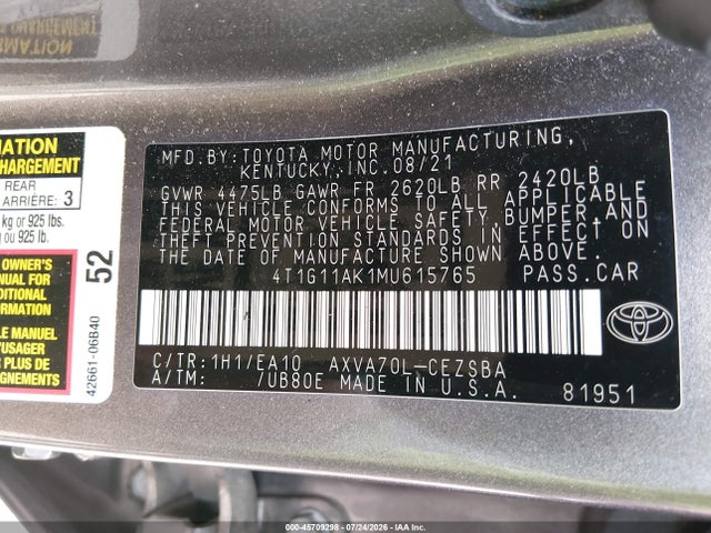 Aukcja sprzedaży 2021 Toyota Camry Se, vin: 4T1G11AK1MU615765, numer aukcji: 45709298