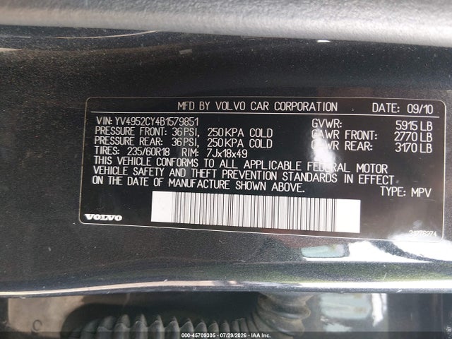 45709305 :رقم المزاد ، YV4952CY4B1579851 vin ، 2011 Volvo Xc90 3.2 مزاد بيع