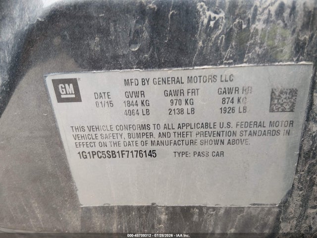 2015 Chevrolet Cruze 1lt Auto მანქანა იყიდება აუქციონზე, vin: 1G1PC5SB1F7176145, აუქციონის ნომერი: 45709312
