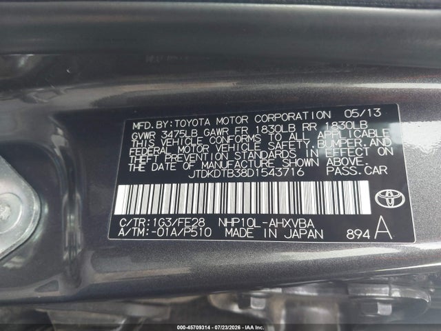 Продаж на аукціоні авто 2013 Toyota Prius C One, vin: JTDKDTB38D1543716, номер лоту: 45709314