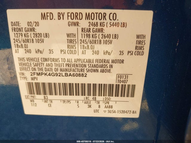 Aukcja sprzedaży 2020 Ford Edge Se, vin: 2FMPK4G92LBA60882, numer aukcji: 45709316