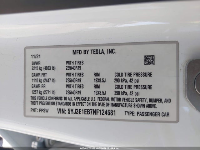 45709319 :رقم المزاد ، 5YJ3E1EB7NF124581 vin ، 2022 Tesla Model 3 Long Range Dual Motor All-wheel Drive مزاد بيع